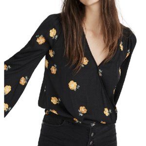 Madewell Blouse Black Floral Long Bubble Sleeve Wrap Blouse